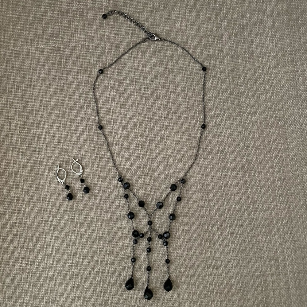 White House Black Market Black Beaded Necklace and Earring Set